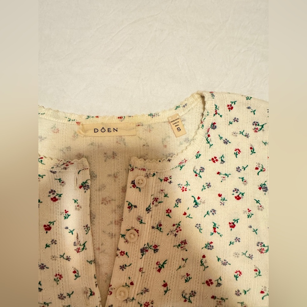 Doen Paula T, 100% Cotton, Monte-Parc Floral/Cream Henley-Long Sleeve Top, S - Picture 5 of 13